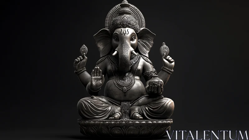 Silver Ganesha idol sits in lotus pose on dark background