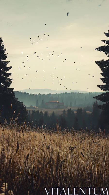 Photorealistic rural meadow with distant farmhouse and flocked sky.