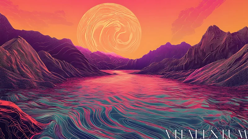 Neon valley lake reflects swirling sun under vivid skies