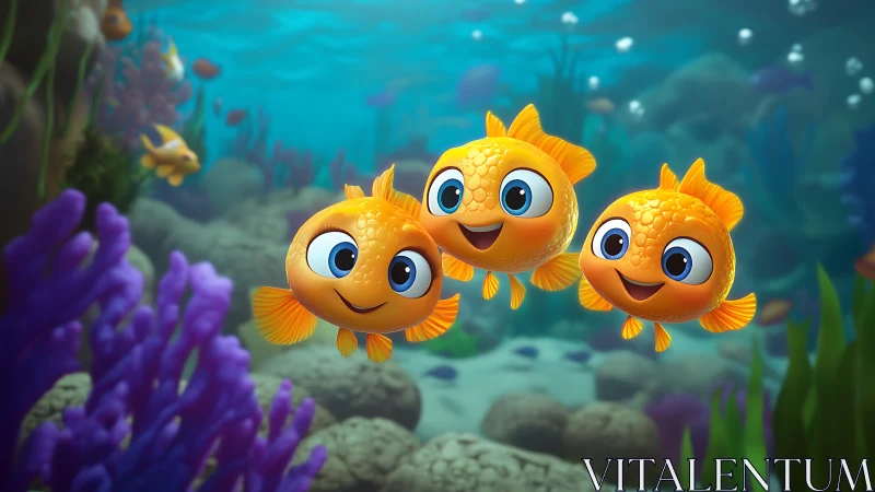 Bubble-bright goldfish trio gleam in a playful coral world.