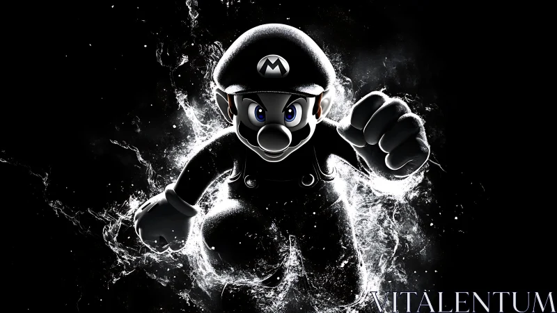 Monochrome cartoon hero charging through liquid energy field.