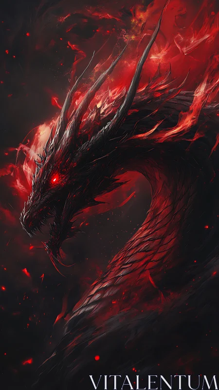 Fiery red dragon head emerging from dark swirling flames.
