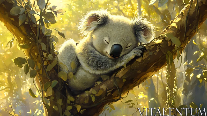 Sleeping koala resting securely on sunlit forest branch.