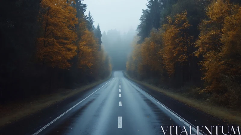 Disappearing Straight Road Through Golden Autumn Forest in Mist.