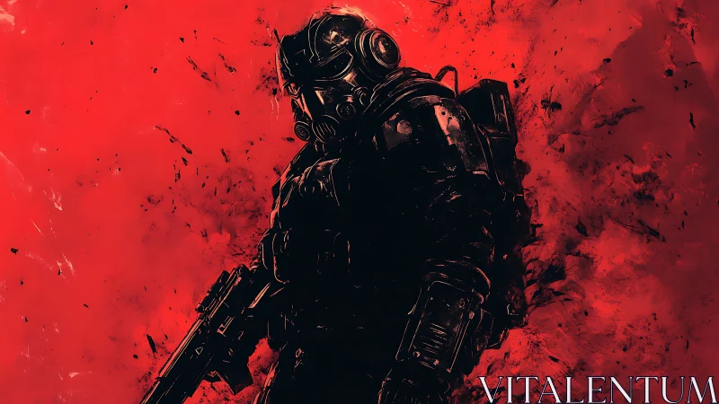 Armored sci fi soldier stands in red smoke filled battlefield