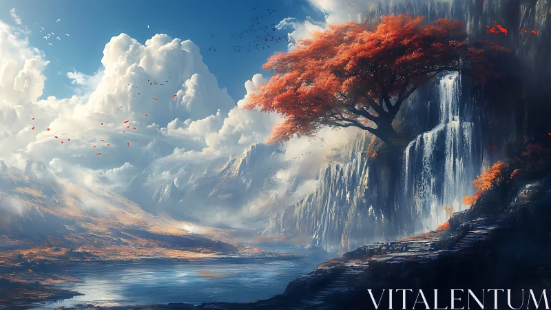 Crimson tree guarding a misty waterfall in cloudlit valley.