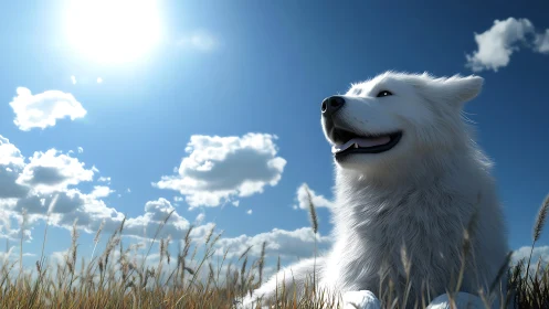 White dog in tall grass under midday sun and clouds.