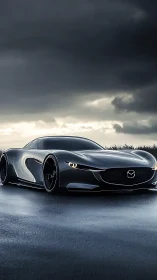 Photorealistic low-angle study of sleek graphite concept coupe.