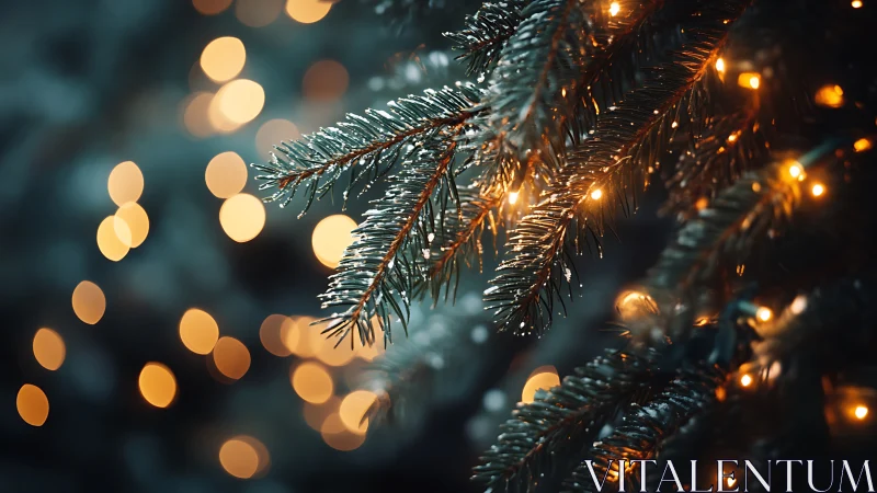 Shallow depth of field captures frosted fir needles and warm bokeh