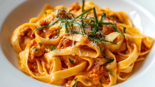 Creamy tagliatelle pasta glows with rich tomato seafood sauce