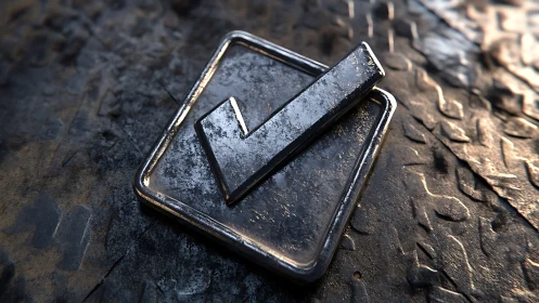 Metallic checkmark emblem on textured industrial surface.