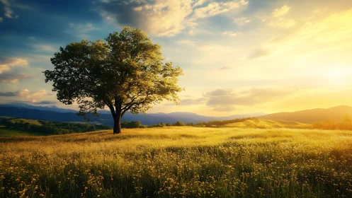 Solitary tree in sunlit meadow under wide evening sky.