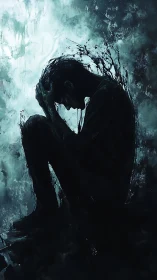 Silhouetted figure absorbs storm of abstract inner chaos.