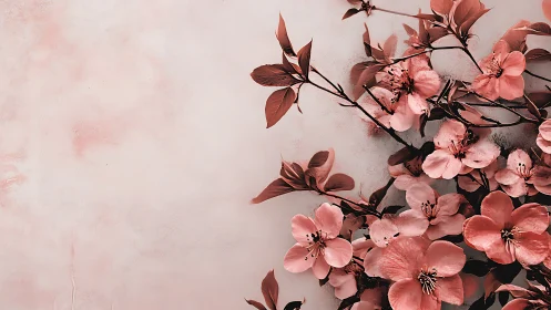 Floral arrangement with pink blossoms and burgundy foliage on textured neutral background.