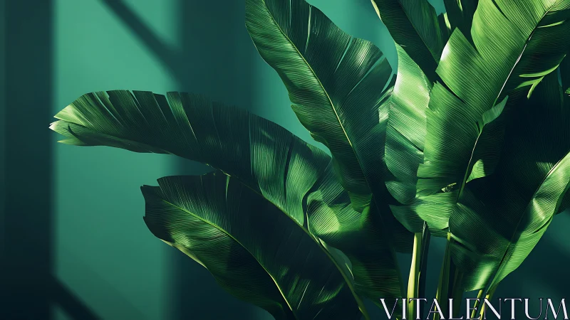 Banana leaves in dramatic directional window light.