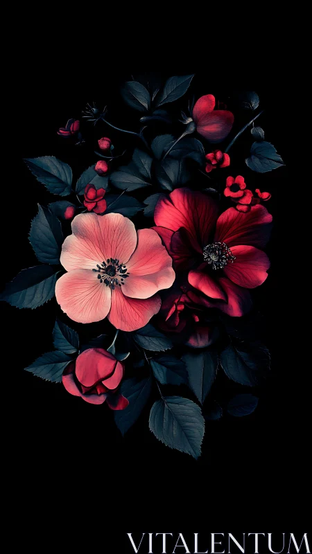 Floral arrangement with contrasting red and pale petals against dark background