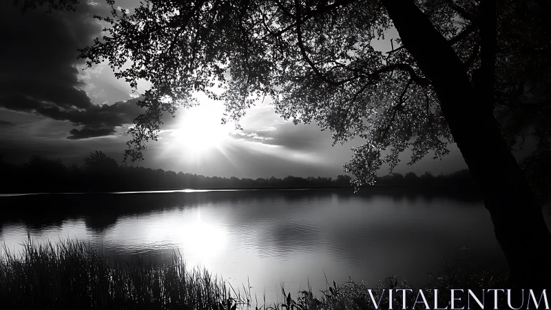 Serene lakeside sunset in dramatic black and white style.
