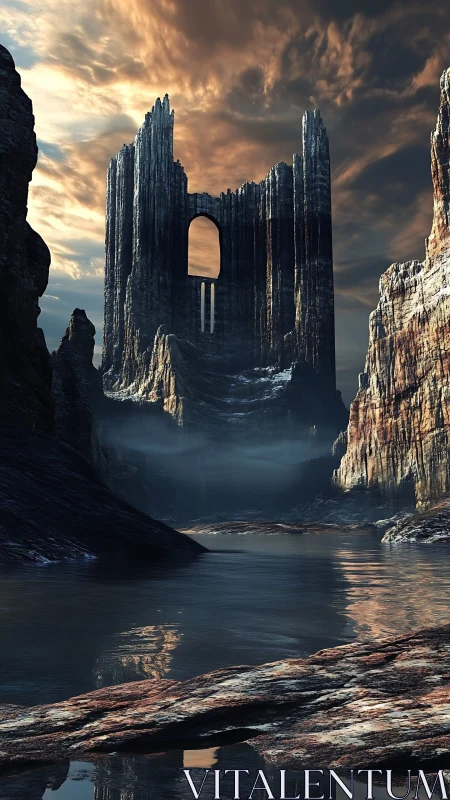 Vertical stone structure rises above misted water channel