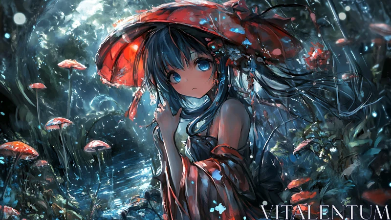 Anime nocturne with red parasol in luminous forest tableau.