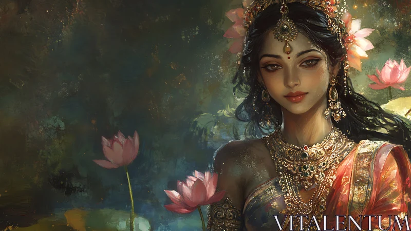 Ornate digital portrait of regal woman amid luminous lotus blooms