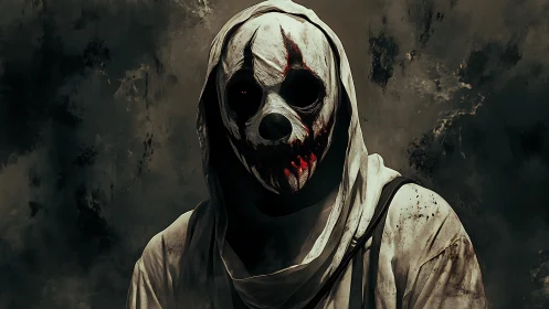 Hooded figure in skull mask stares forward in dim shadows