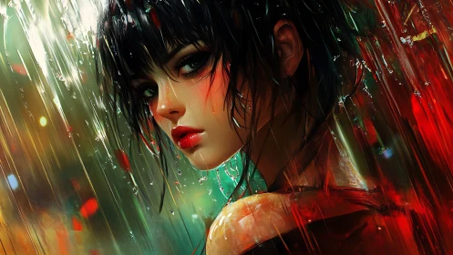 Chromatic rain portrait with high-saturation anime rendering.