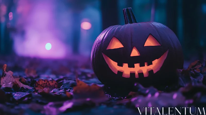 Low angle jack o lantern in foggy neon lit autumn forest