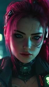 Cyberpunk woman with neon hair and cybernetic implants.