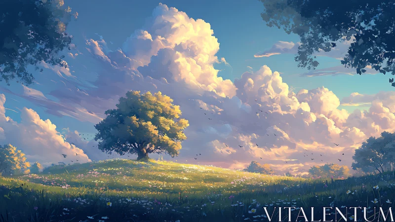 Single tree on sunlit meadow under volumetric cumulus cloud bank