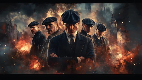 Gritty suited gang lineup in burning city street scene.