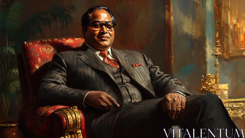 Formal seated portrait of dignified man in striped three-piece suit