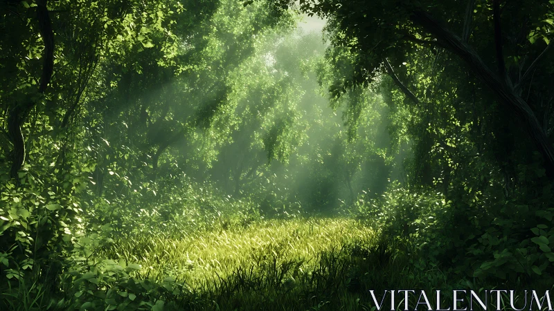 Luminous Forest Corridor with Crepuscular Rays and Verdant Canopy