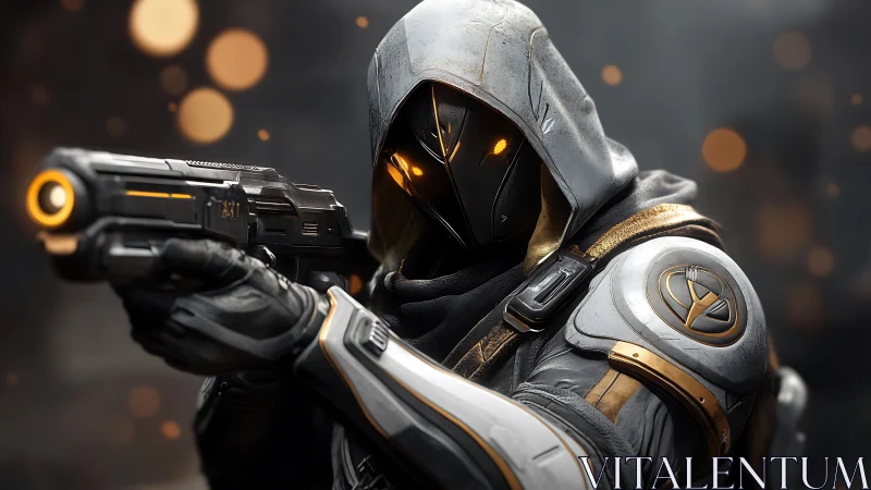 Hooded sci fi soldier aims weapon with glowing visor.