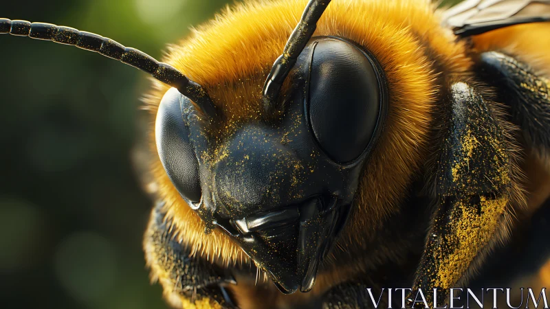 Macro shot shows detailed honey bee face with pollen dusted hairs