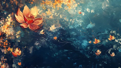 Orange lotus flowers float across deep blue abstract water