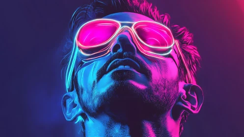 Neon lit male portrait with glowing cyber visor in profile.