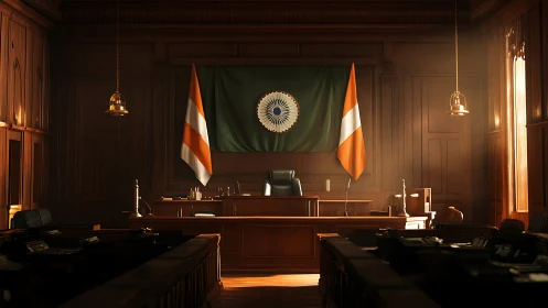 Warm sunlight drapes a dignified wooden courtroom in calm focus