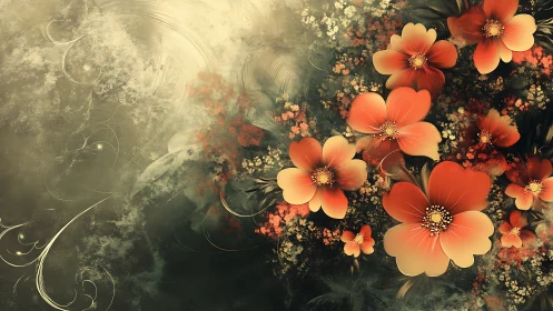 Digital floral abstraction unites glowing blooms and misty ground