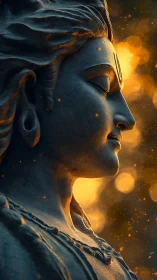 Side-lit stone deity profile in cinematic photorealistic render.