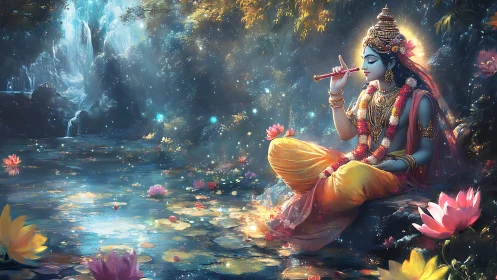 Krishna-like blue figure plays flute beside glowing pond
