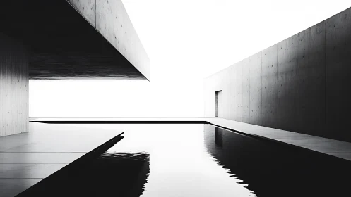 Brutalist Concrete Courtyard with Reflective Water Surface and Minimalist Architecture
