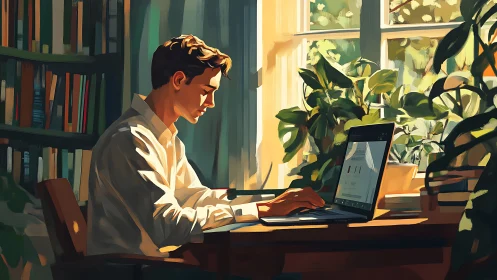 Sunlit workspace shows focused man typing on laptop amid dense plants