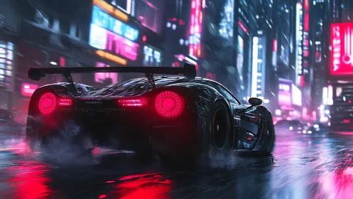 Sleek supercar gliding through neon soaked midnight streets.