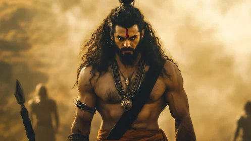 Mythic warrior in desert haze with cinematic tonal grading.