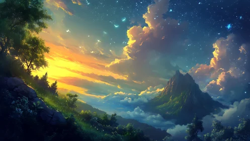 Sunset-lit mountain landscape transitions into starry night sky