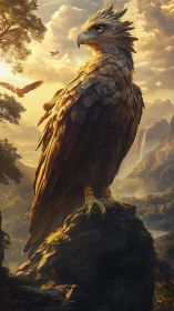 Majestic raptor sentinel on sunlit cliff in misty valley dawn