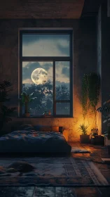 Bedroom interior with moonlit window and warm accent lamp.