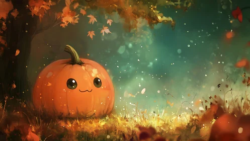Kawaii pumpkin character in dreamy autumn forest glow.