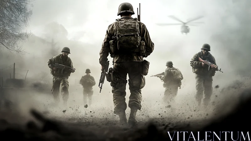 Soldiers advance through dense battlefield smoke under helicopter