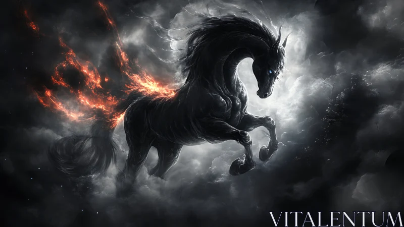 Fiery shadow stallion charges through stormlit celestial clouds